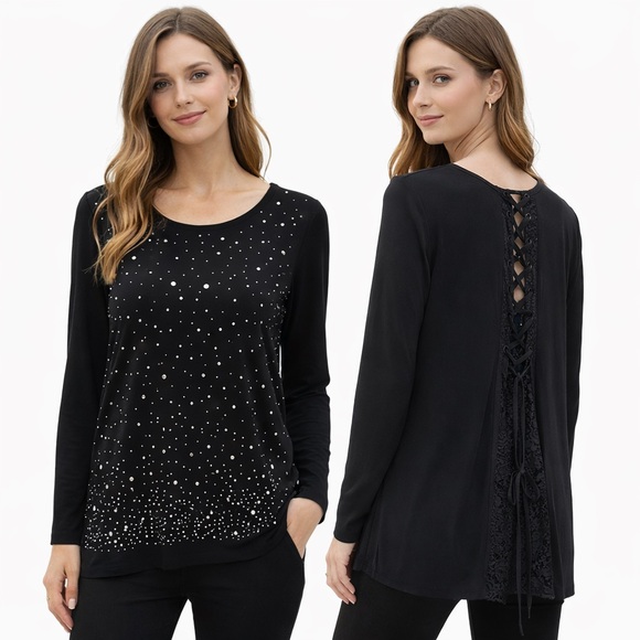 Joseph Ribkoff Tops - NWT:  Joseph Ripkoff Black Top with Studded Design & cross tie with lace back